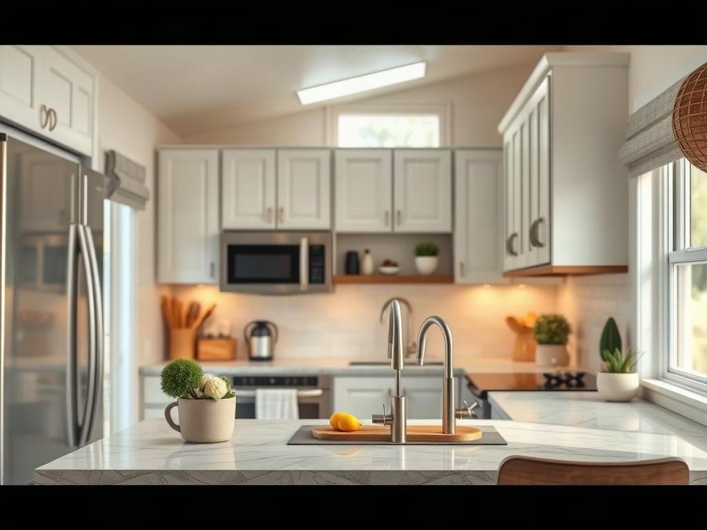 A realistic high-resolution close-up image of a beautifully remodeled kitchen interior in a mobile home, featuring modern appliances and stylish decor. The background should show a light and airy atmosphere with natural lighting, highlighting the transformation and inviting appeal of the space.