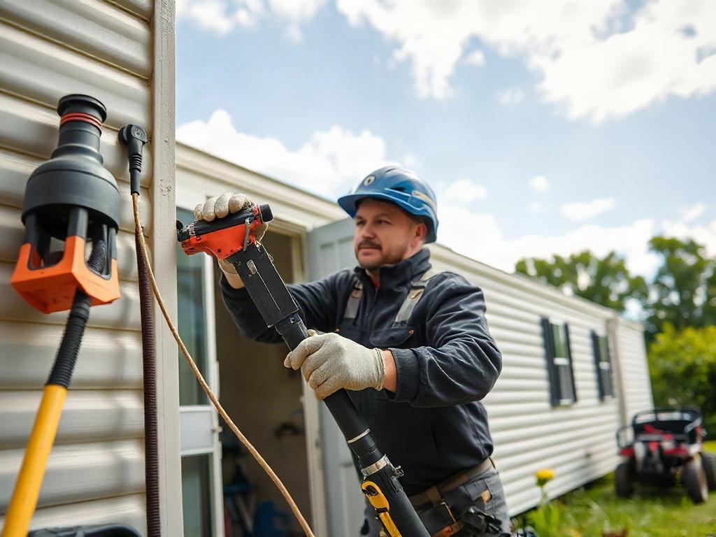 A realistic high-resolution close-up image of a technician performing repairs on a mobile home, showcasing tools and equipment in use. The background should depict a well-maintained mobile home setting, with greenery and a clear sky, emphasizing a professional and reliable atmosphere.