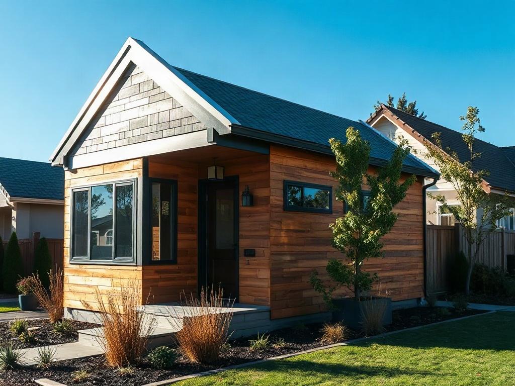 A realistic high-resolution photo of a modern ADU installed in a suburban Sacramento neighborhood, showcasing the exterior design, landscaping, and clear blue sky. The image should be a close-up shot, capturing the detailing of the ADU with a focus on the entrance and windows, shot with a 45mm f/1.2 lens.