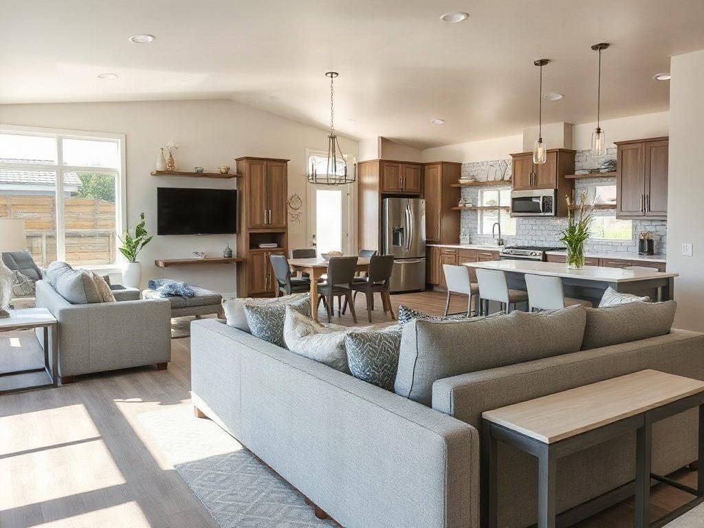 A realistic high-resolution photo of a beautifully remodeled mobile home in Orangevale, featuring an open-concept living space with modern furnishings and bright natural light. The image should capture the interior design elements, focusing on the kitchen and living area, shot with a 45mm f/1.2 lens.