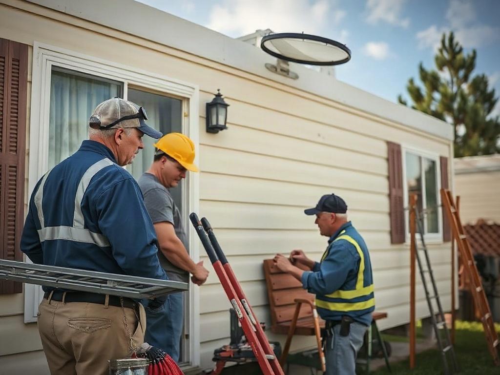 A realistic high-resolution photo of a manufactured home undergoing repairs in Folsom, showing technicians assessing the exterior structure and fixing the roof. The image should focus on the repair work being done with tools and materials visible, shot with a 45mm f/1.2 lens.