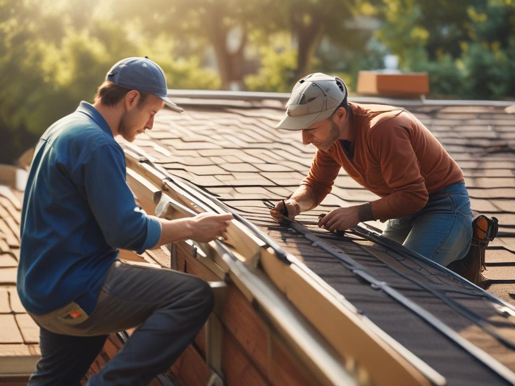 A close-up shot of a skilled technician repairing a mobile home roof, showcasing attention to detail and precision. The technician is using tools with a focused expression, surrounded by a clear blue sky and the top of a mobile home in the background. The image is rendered in hyper-realistic style, with vibrant colors and sharp focus, emphasizing the craftsmanship involved in home repairs. The primary color of the scene should harmonize with rgb(50, 170, 39).
