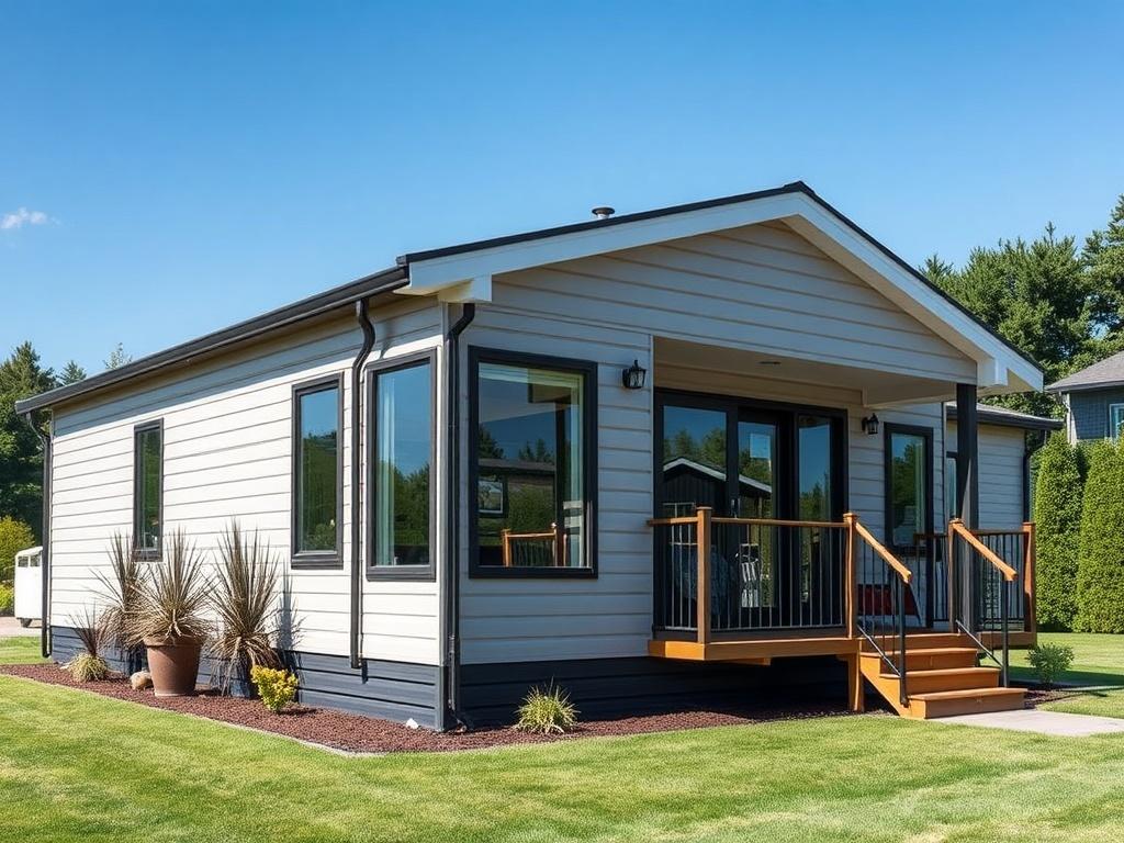 A realistic high-resolution photo of a modern mobile home exterior, showcasing a sleek design with large windows and a welcoming porch. The focus should be on the home, set against a clear blue sky and lush greenery in the background, shot with a 45mm f/1.2 lens style.