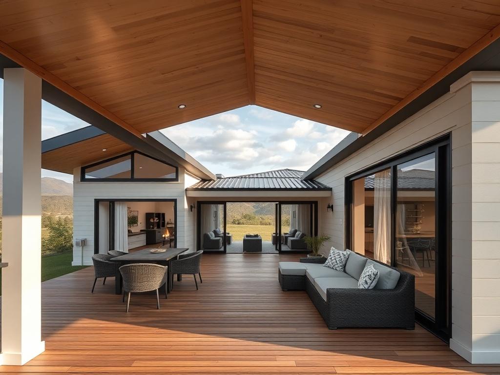 A realistic high-resolution photo of a luxury modular home, showcasing its modern architecture and spacious outdoor deck. The image should convey a sense of elegance and tranquility, with a serene landscape in the background, shot with a 45mm f/1.2 lens style.