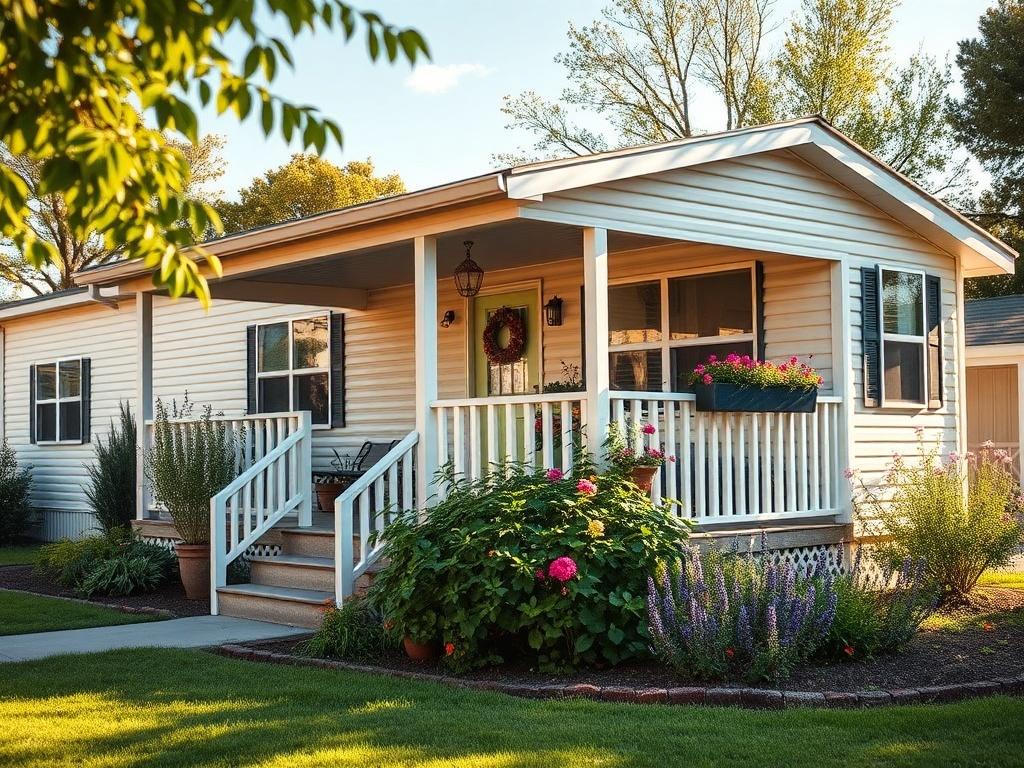 A realistic high-resolution photo of a charming pre-owned manufactured home, highlighting its inviting porch and well-kept garden. The image should have a warm, sunny ambiance with a clear sky, focused on the home and surrounding greenery, shot with a 45mm f/1.2 lens style.