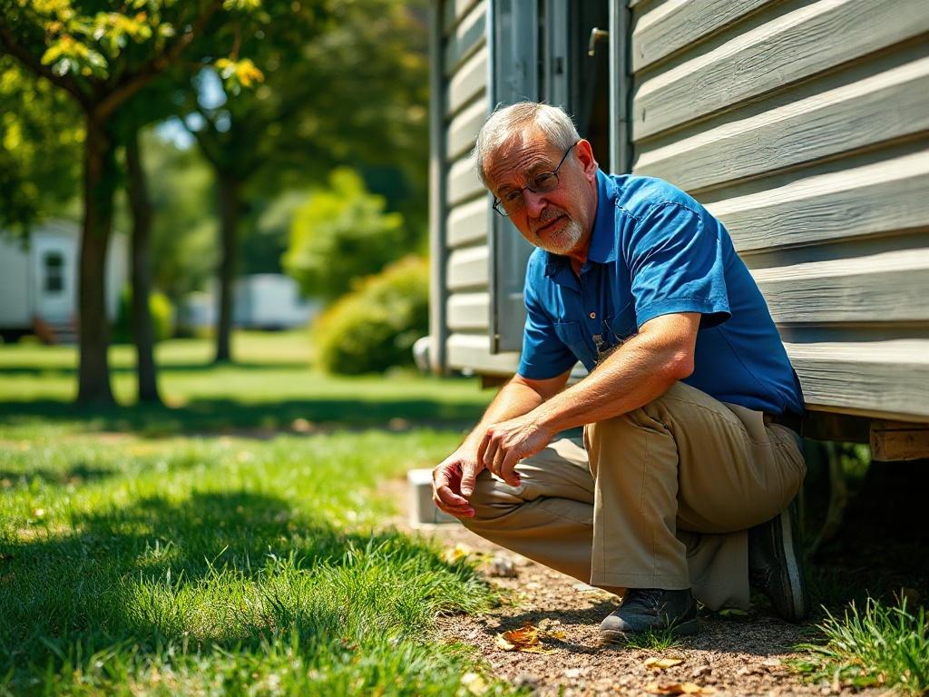 Create a highly realistic, high-resolution photo focusing on a maintenance worker inspecting a mobile home. The subject, a middle-aged man wearing a blue work shirt and khaki pants, should be depicted kneeling beside a mobile home, meticulously examining the undercarriage. His facial expression should convey concentration and dedication to his task. 

The background should showcase a well-maintained mobile home park with green grass and trees framing the scene, emphasizing a peaceful and organized environme