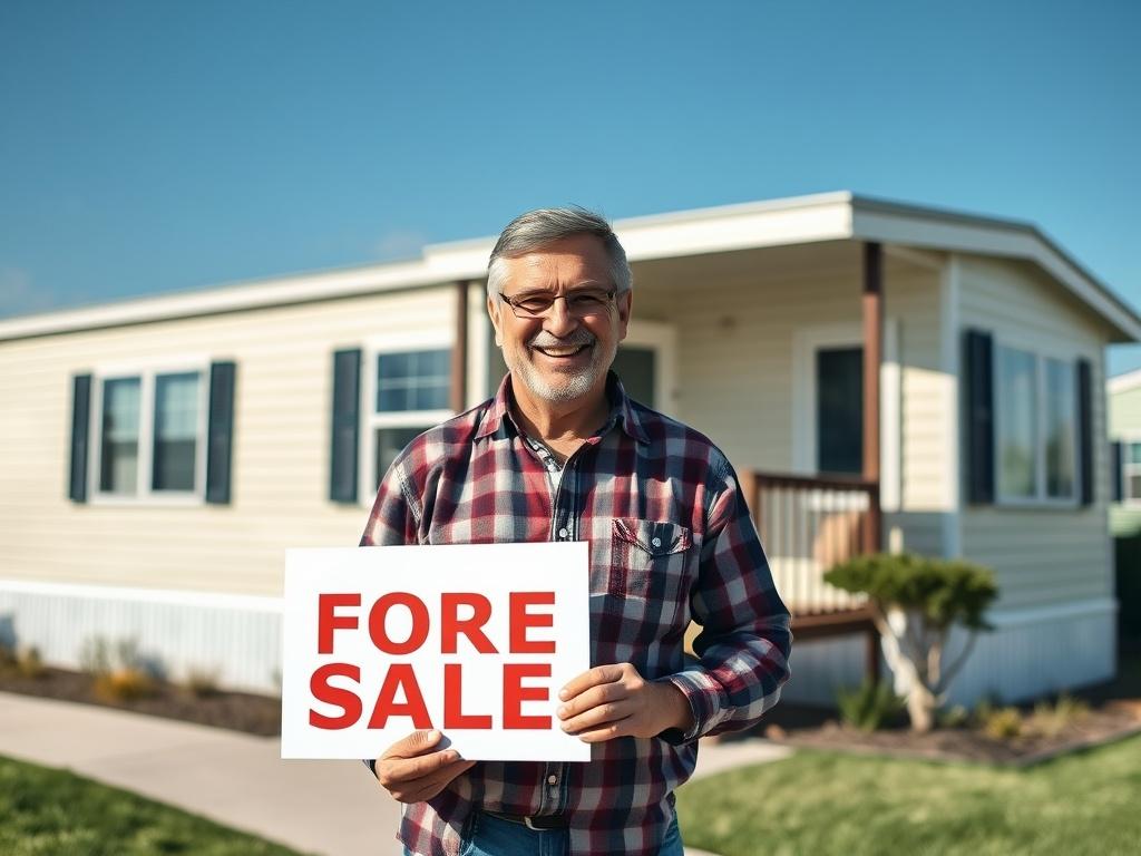A close-up shot of a smiling homeowner standing outside a well-maintained mobile home, holding a 'For Sale' sign, with a clear blue sky in the background. The image is shot with a 45mm f/1.2 lens style, capturing the warmth and positivity of the selling process. The primary color theme includes soft greens reflecting the rgb(50, 170, 39) color.