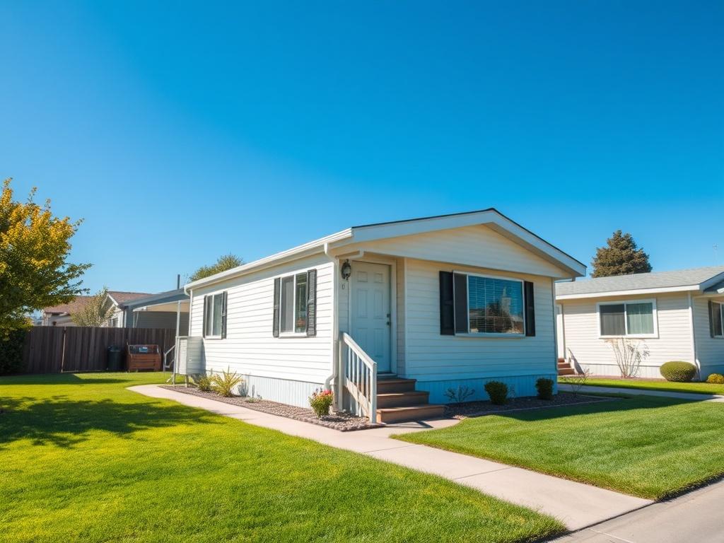 A close-up shot of a mobile home in Fair Oaks, highlighted with a vibrant green lawn and clear blue sky. The focus is on the home's exterior, showcasing its welcoming entrance and well-maintained surroundings. The composition is simple, capturing the essence of a cozy living space, shot with a 45mm f/1.2 lens for a hyper-realistic effect.