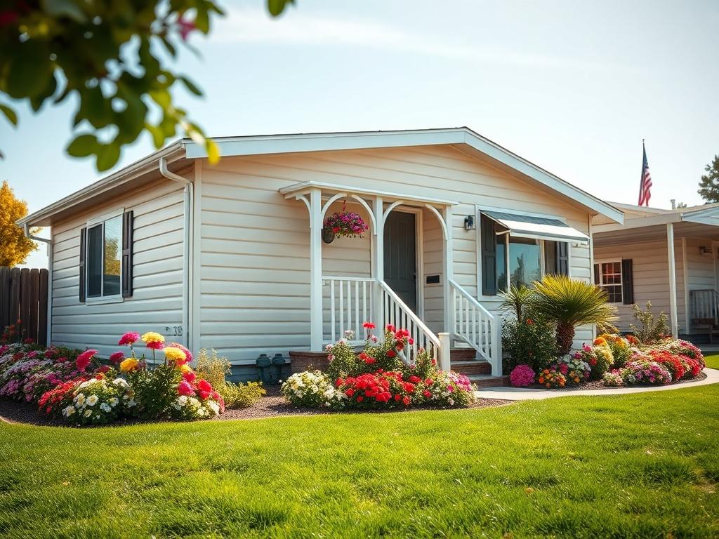 A close-up shot of a manufactured home in Sacramento, with a beautifully landscaped front yard filled with flowers. The image captures the charming details of the home’s architecture, framed by a vibrant green lawn and clear sky. The focus highlights the inviting entrance, shot with a 45mm f/1.2 lens for a hyper-realistic look.