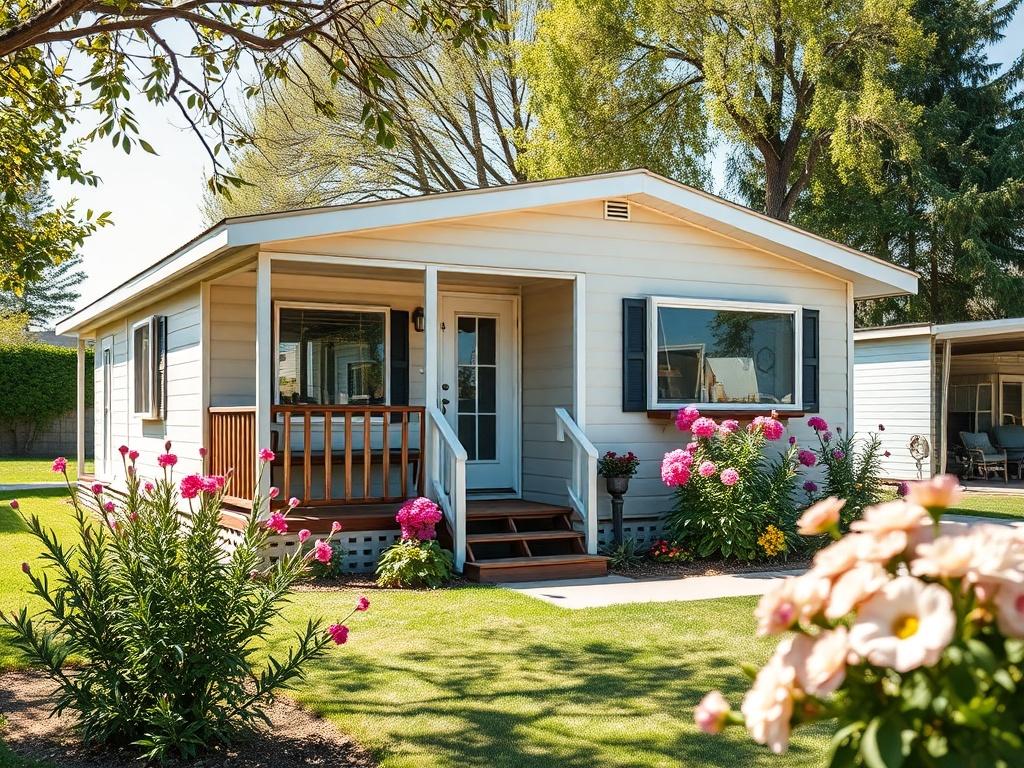 A close-up shot of a mobile home in Rancho Cordova, surrounded by a well-kept yard and blooming flowers. The focus emphasizes the home’s inviting porch and overall charm, set against a bright, sunny background. The composition is simple, showcasing the warmth and appeal of the property, shot with a 45mm f/1.2 lens for a hyper-realistic effect.