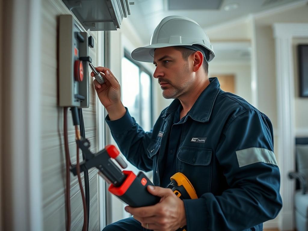 A technician promptly addressing an emergency issue in a mobile home, with tools in hand and focused on resolving the problem. The scene conveys urgency, professionalism, and trust, showcasing the commitment to quick and reliable service.