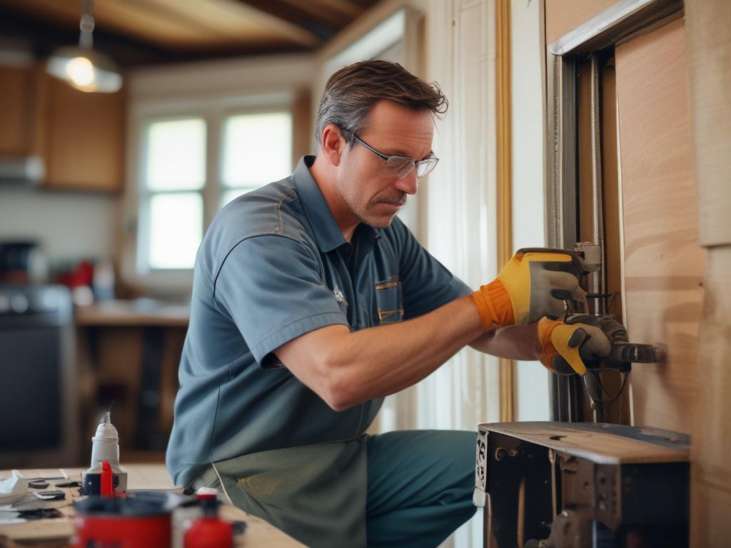 A close-up shot of a skilled technician repairing a manufactured home. The technician is focused and using a tool to fix a part of the home, showcasing their expertise and care. The background is softly blurred to emphasize the technician and the repair work. The image should reflect a warm, inviting atmosphere, with natural lighting highlighting the details of the technician's work. The primary color of the scene should harmonize with rgb(50, 170, 39), creating a fresh and vibrant feel.