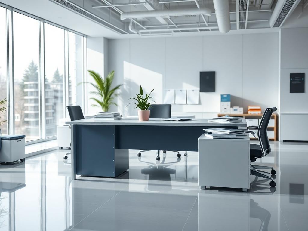 A pristine office environment with a large desk, clean surfaces,