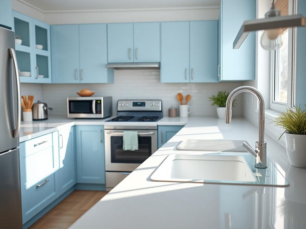 A bright and spotless kitchen featuring gleaming countertops, neatly arranged
