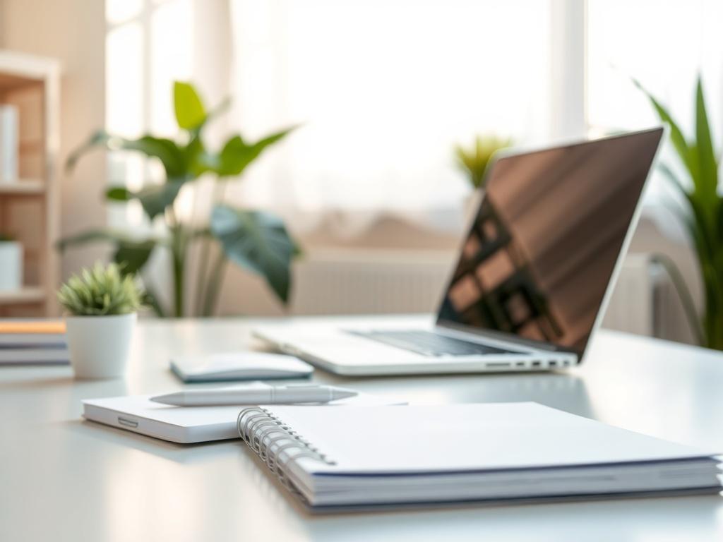 Create a realistic high-resolution photo showcasing the importance of a clean workspace. The image should feature a single subject: a modern desk setup in a well-lit environment. The desk should be minimalist and organized, displaying an open laptop, a neatly stacked notebook, and a sleek pen. Include elements such as a small potted plant to add a touch of greenery, enhancing the overall fresh and clean aesthetic. 

The background should be softly blurred, featuring light-colored walls and a large window th