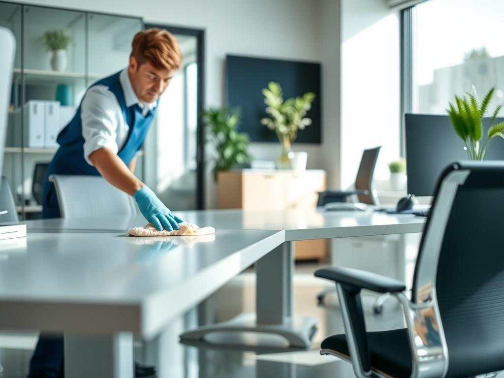 A clean and organized office space with a focus on a desk being cleaned. The image should show a professional cleaner in uniform using a microfiber cloth to dust a modern office desk, with a clean floor and tidy surroundings. Natural light should be coming in from a window, highlighting the freshness and cleanliness of the space. The overall composition should be clean and inviting, showing attention to detail in the cleaning process.