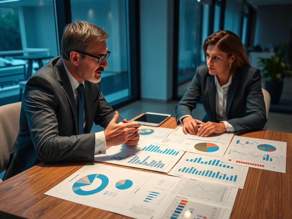 A close-up shot of a professional advisor discussing investment strategies with a client over a table filled with charts and graphs. The setting should be a modern office, emphasizing collaboration and expertise.