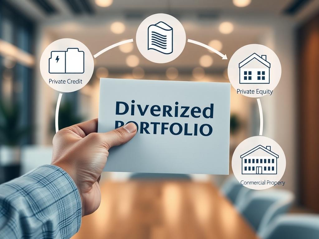 A close-up shot of a hand holding a diversified portfolio document, surrounded by symbols representing Private Credit, Private Equity, and Commercial Property. The background should be a softly blurred office space, conveying professionalism and trust.