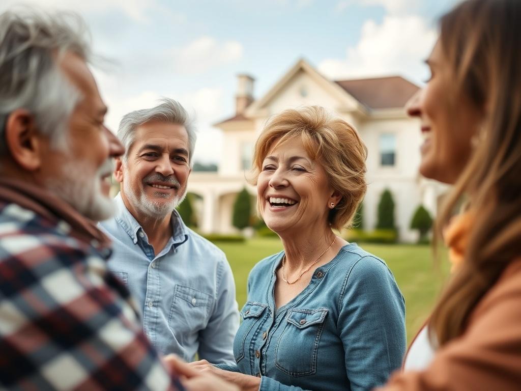 A close-up shot of a family enjoying their time together, with a backdrop of a beautiful property symbolizing wealth and stability. The focus should be on the family, showcasing warmth and connection.
