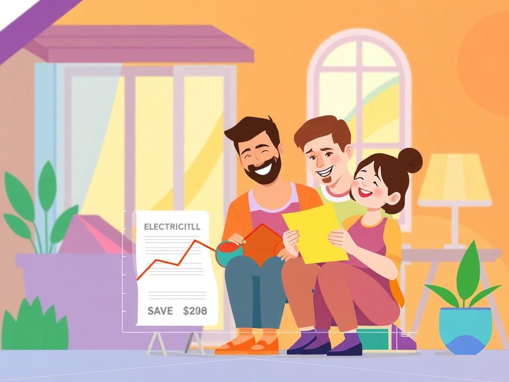 A vibrant geometric illustration of a family happily looking at their reduced electricity bill, with a graph showing savings over time. The background features a sunny home setting, symbolizing energy efficiency.