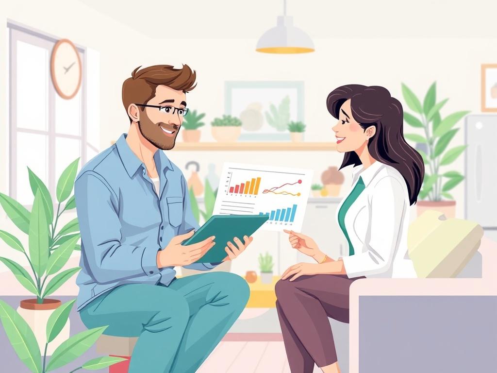 A clear, vibrant illustration depicting a friendly energy consultant engaged in discussion with a homeowner in a modern living room. The consultant is showing charts and graphs on a tablet, highlighting energy savings. The background features a cozy, well-lit space with plants and energy-efficient appliances. The overall tone should evoke trust and professionalism.