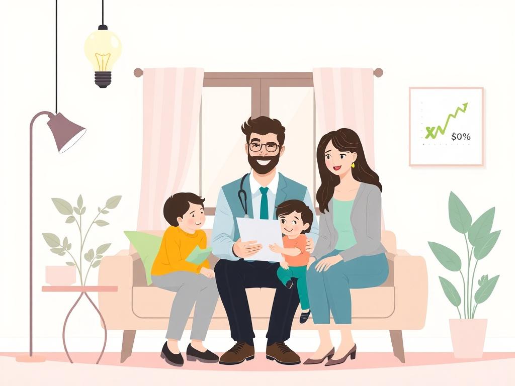 Create a high-quality illustration depicting a friendly energy consultant assisting a family in their home, surrounded by energy-saving light bulbs and graphs showing decreasing energy costs. The background should be minimalistic with pastel colors, emphasizing a clean and clear style. The composition should focus on the consultant and the family, showcasing a positive and engaging interaction.