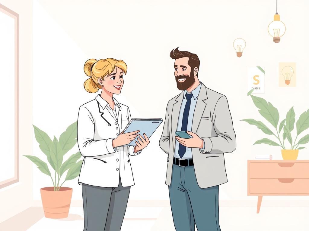 A minimalistic illustration depicting a friendly energy consultant engaging with a customer in a bright, inviting office space. The consultant is showing energy plans on a tablet, while the customer looks interested and engaged. The background features elements related to energy efficiency, like light bulbs and energy-saving symbols, rendered in pastel colors with a clean and clear style. The overall composition should highlight a positive interaction, focusing on the importance of energy savings.