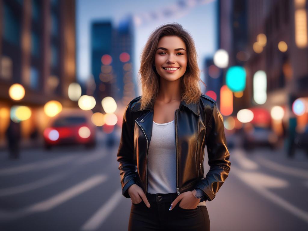 A vibrant young woman in a stylish outfit, smiling and