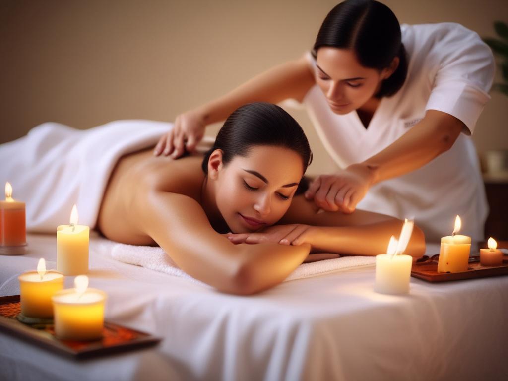 A serene spa setting with a beautiful woman giving a