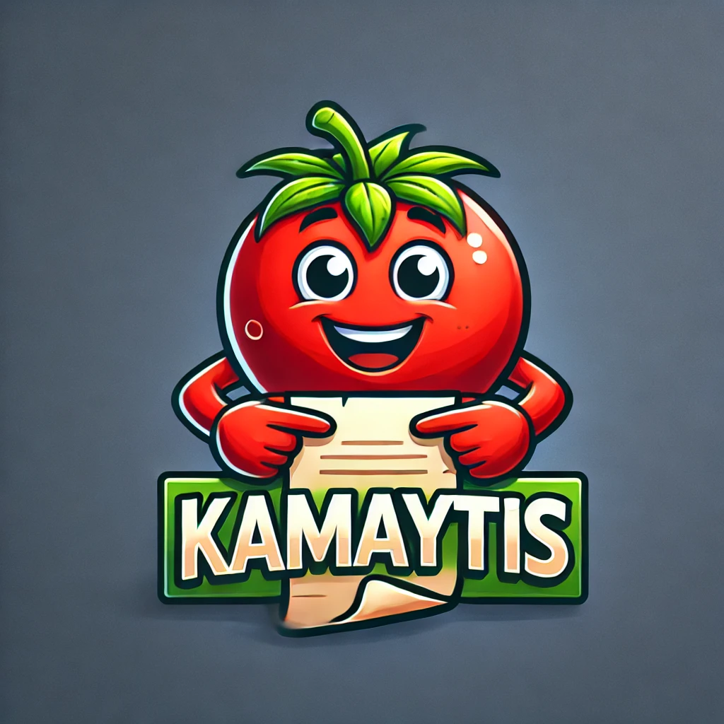 dall·e 2024-12-01 12.05.35 - a 3d animated logo for a tomato business named 'kamaytis'. the logo features a cartoonish tomato with a happy face, holding a piece of paper with its .webp