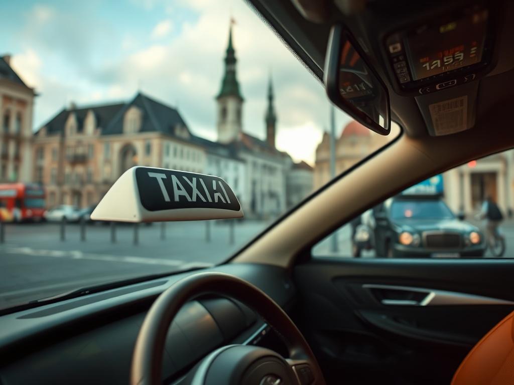 A close up of a taxi with a scenic view