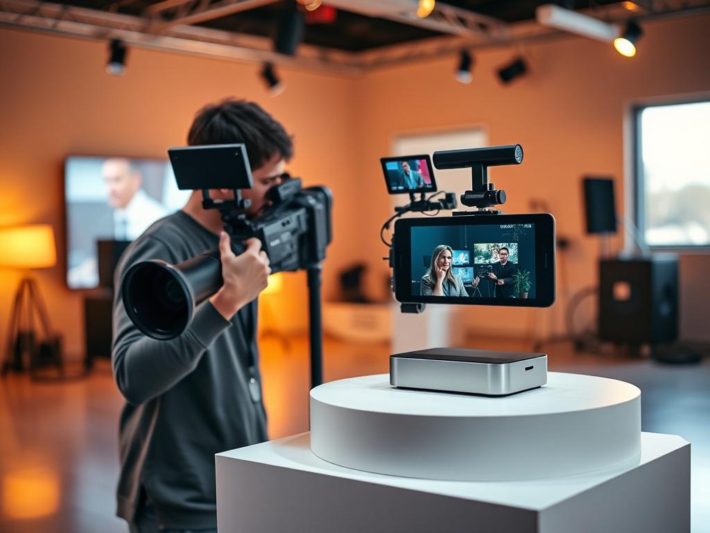 A close-up shot of a professional videographer filming a product showcase in a well-lit studio environment. The videographer is focused on the camera, capturing a sleek product on a pedestal. The background is softly blurred to emphasize the subject, with warm lighting that creates an inviting atmosphere. The color palette aligns with an rgb(50, 170, 39) theme, enhancing the overall visual appeal.