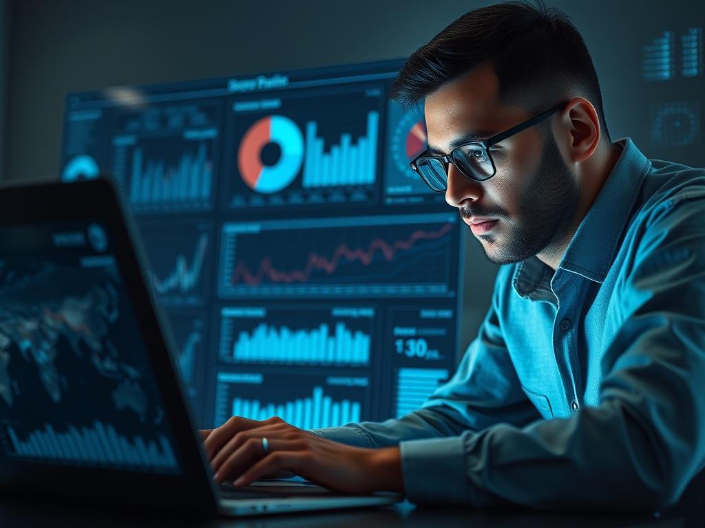 A close-up shot of a focused digital marketer analyzing data on a laptop, surrounded by graphs and performance metrics. The background should be simple and professional, creating a high-tech atmosphere. The image should be hyper-realistic, shot with a 45mm f/1.2 lens, emphasizing the details and expressions of concentration on the marketer's face. The primary color scheme should incorporate rgb(50, 170, 39) to align with the brand's identity.