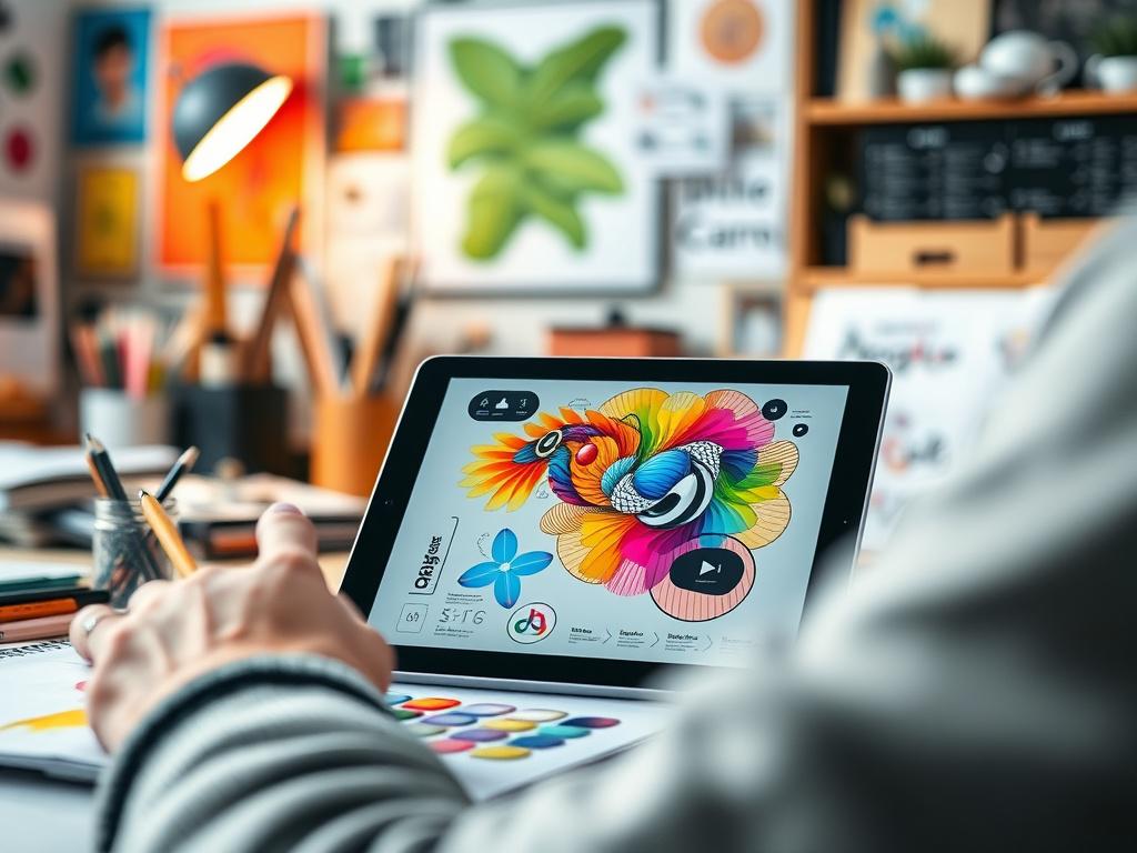 A close up of a designer's workspace featuring a tablet,