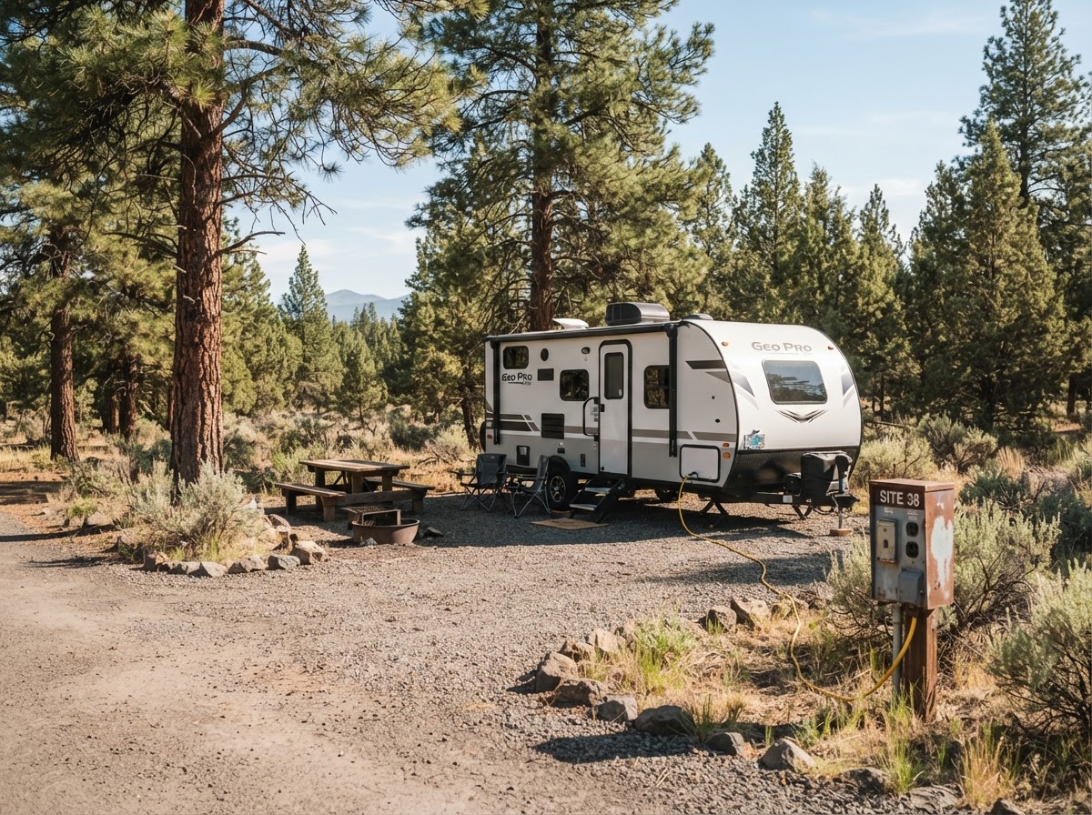 A travel trailer plugged into a 30-amp pedestal under the pines