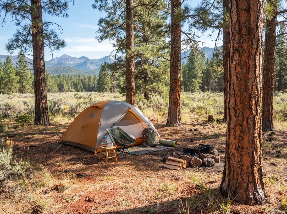 A tent pitched on pine needles under ponderosas at Juniper Flats