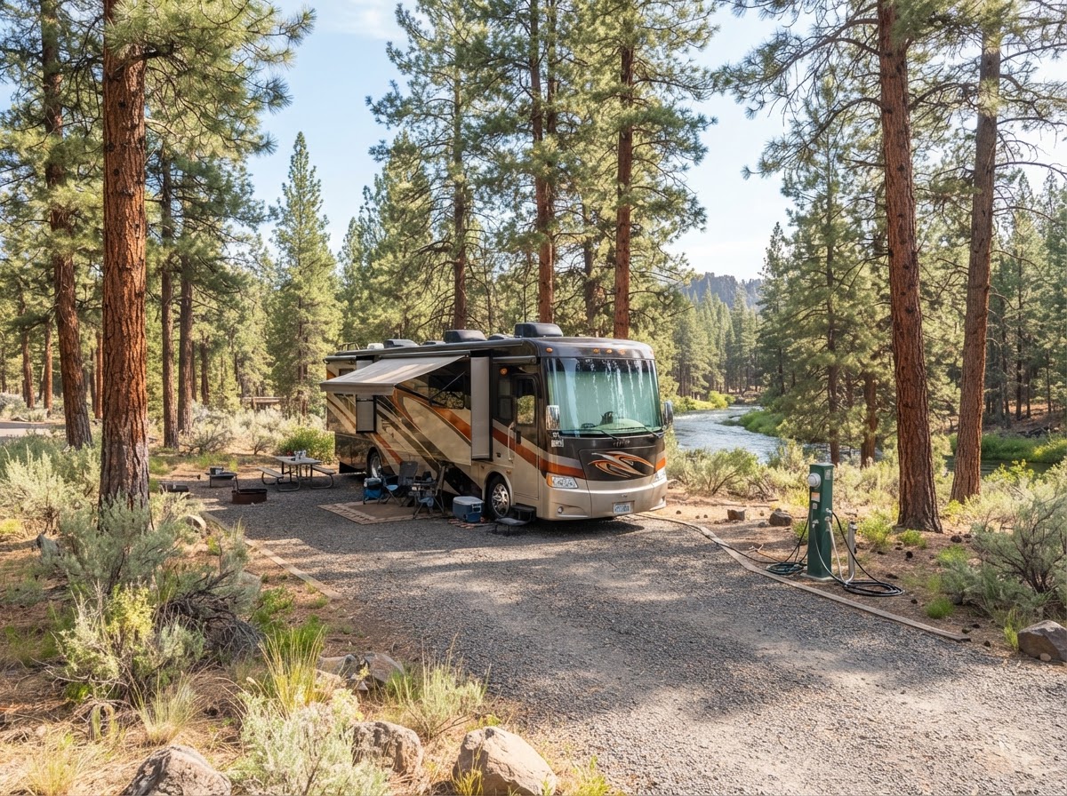 A 40-foot motorhome on a long pull-through pad among ponderosa pines