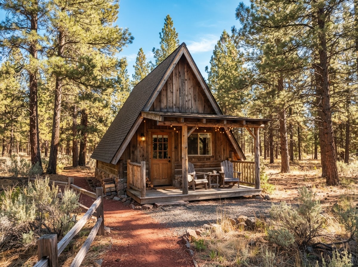 A rustic wooden cabin with a covered porch among the pines
