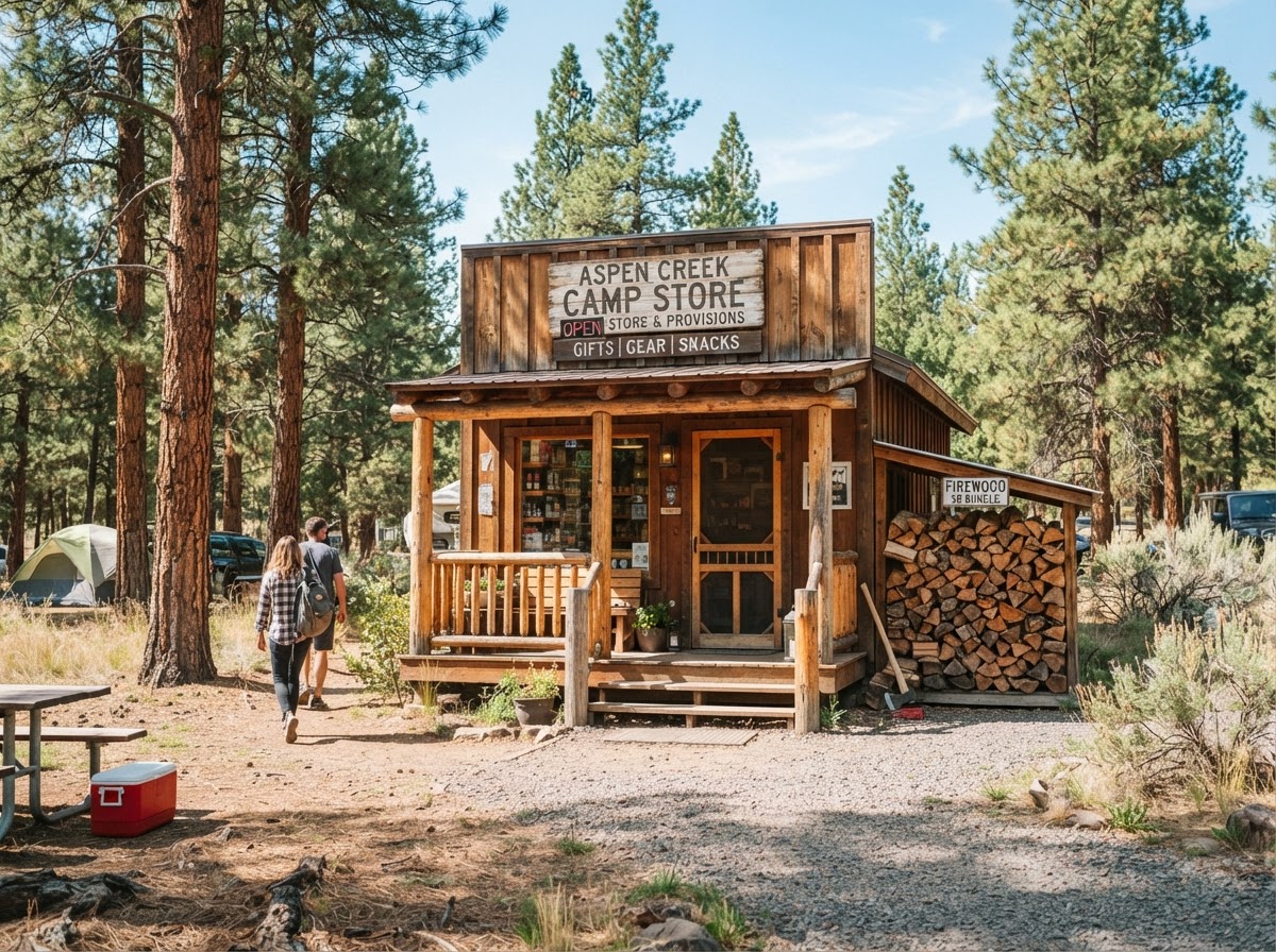 The rustic camp store with firewood stacked on the porch