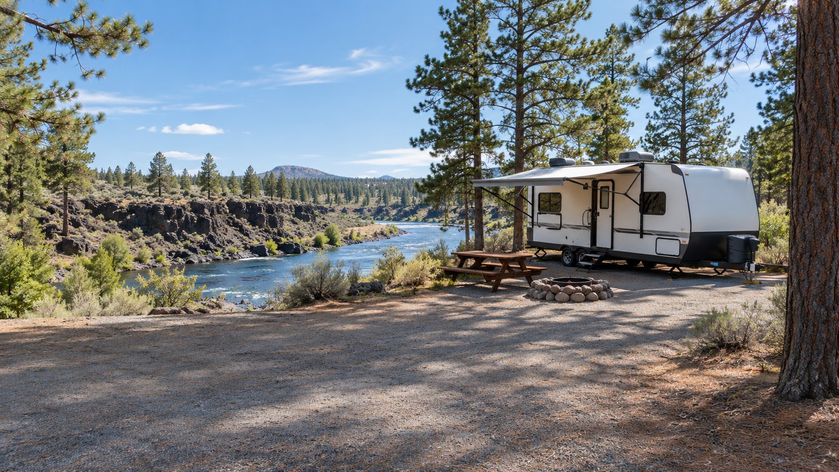 Pull-through RV sites under ponderosa pines with the Deschutes River glinting behind, in bright high-desert daylight