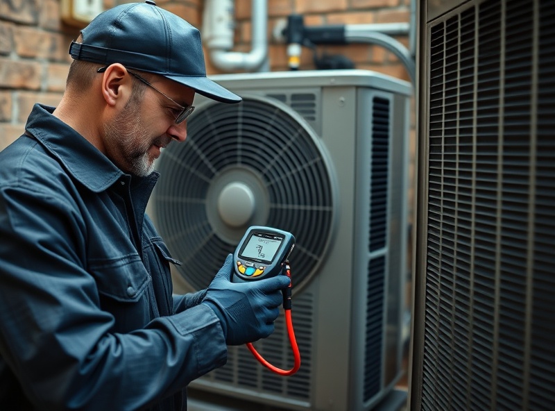 Technician using leak detector near AC condenser coil