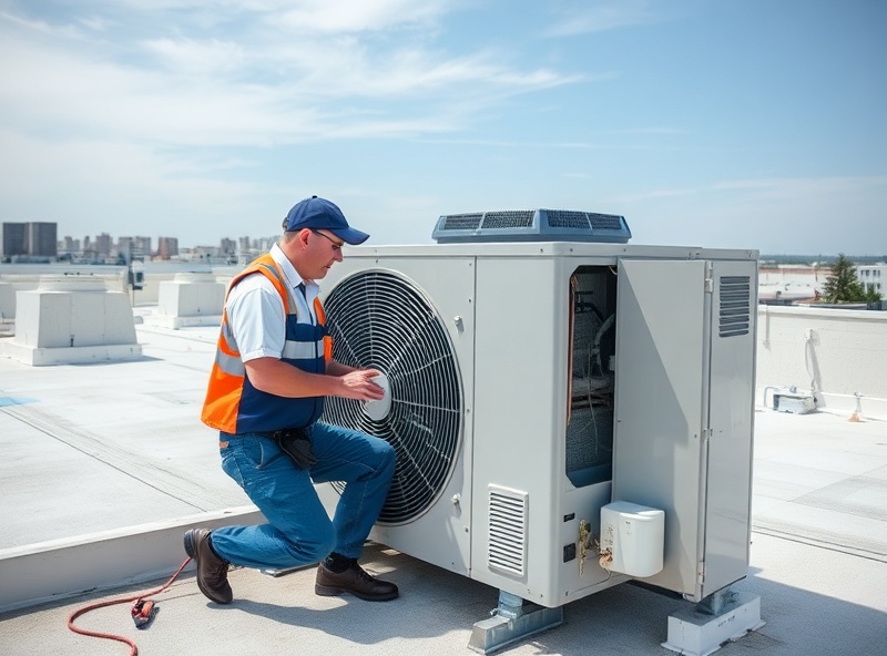 HVAC technician performing maintenance on rooftop RTU