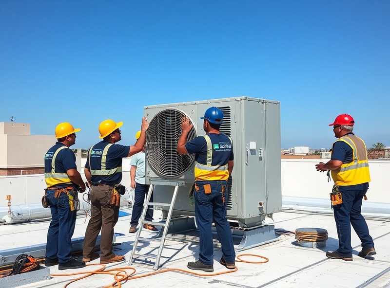 Team of technicians installing commercial rooftop RTU