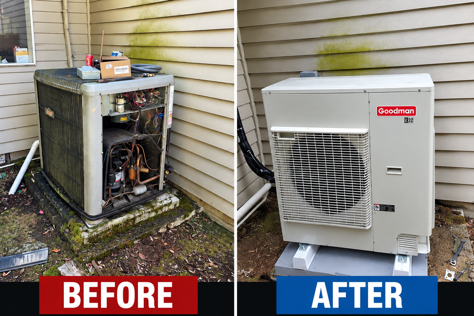 Before-and-after Goodman AC unit replacement at a home