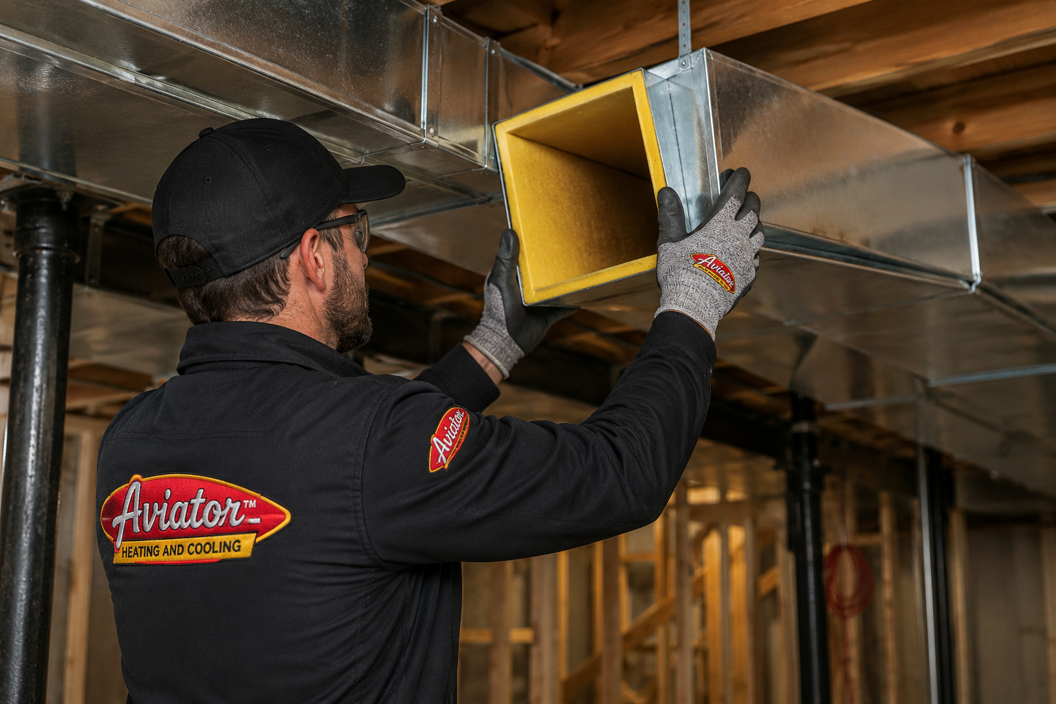 Fiberglass-lined ductwork showing interior insulation material