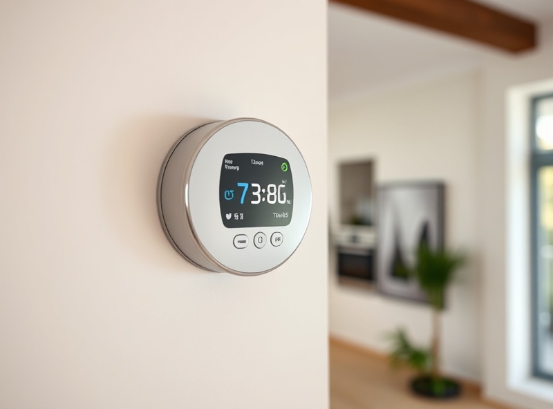 Smart thermostat on home wall showing energy-saving settings