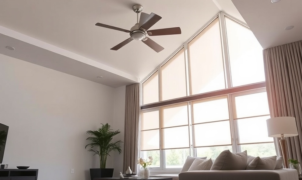 Home with ceiling fan and thermal window shades showing shade strategy