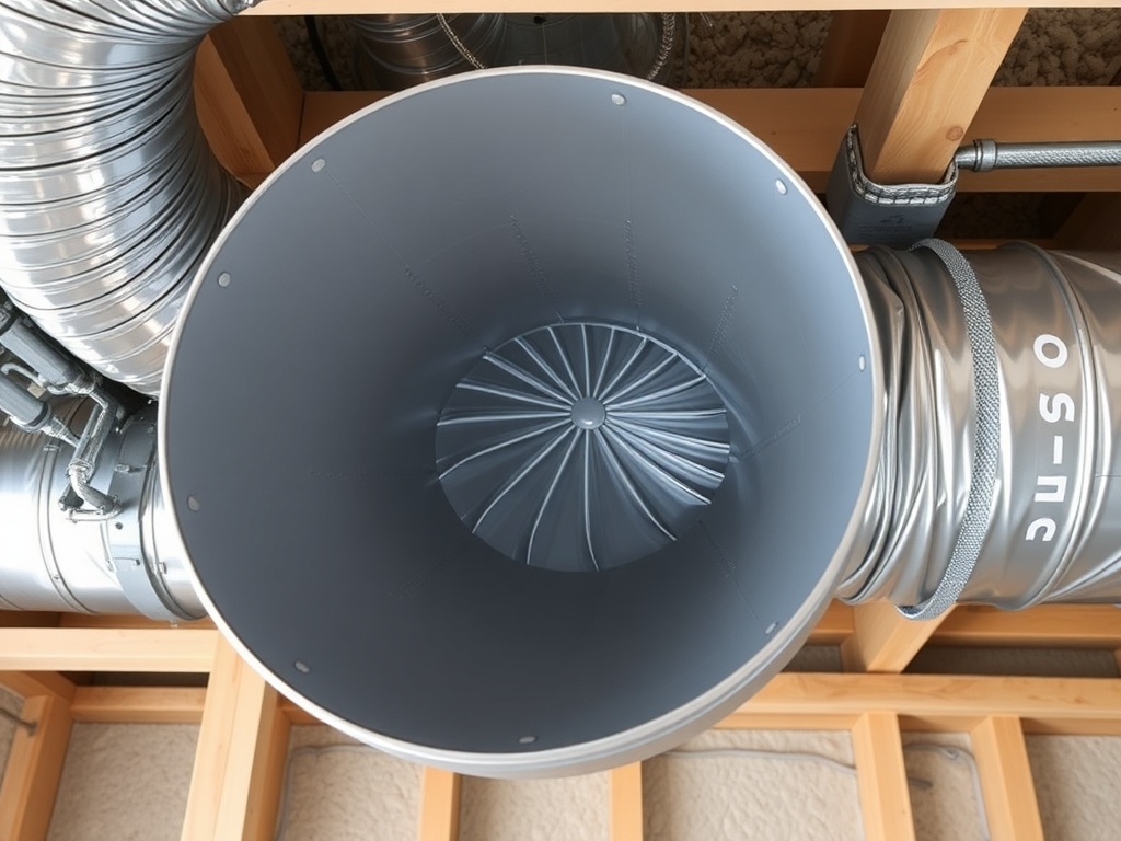 Rigid round metal ductwork trunk line showing connections