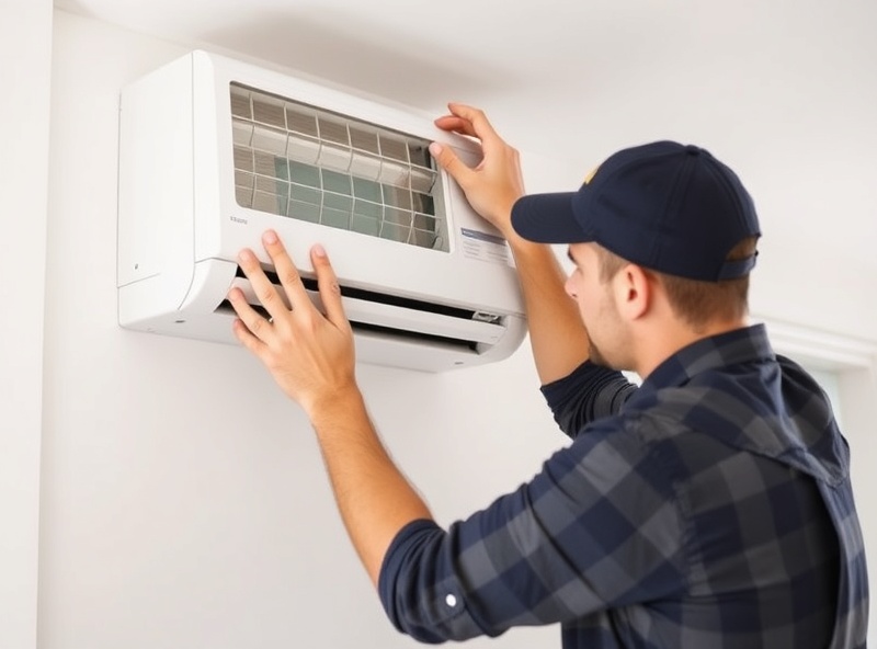 Professional technician installing ductless mini split system