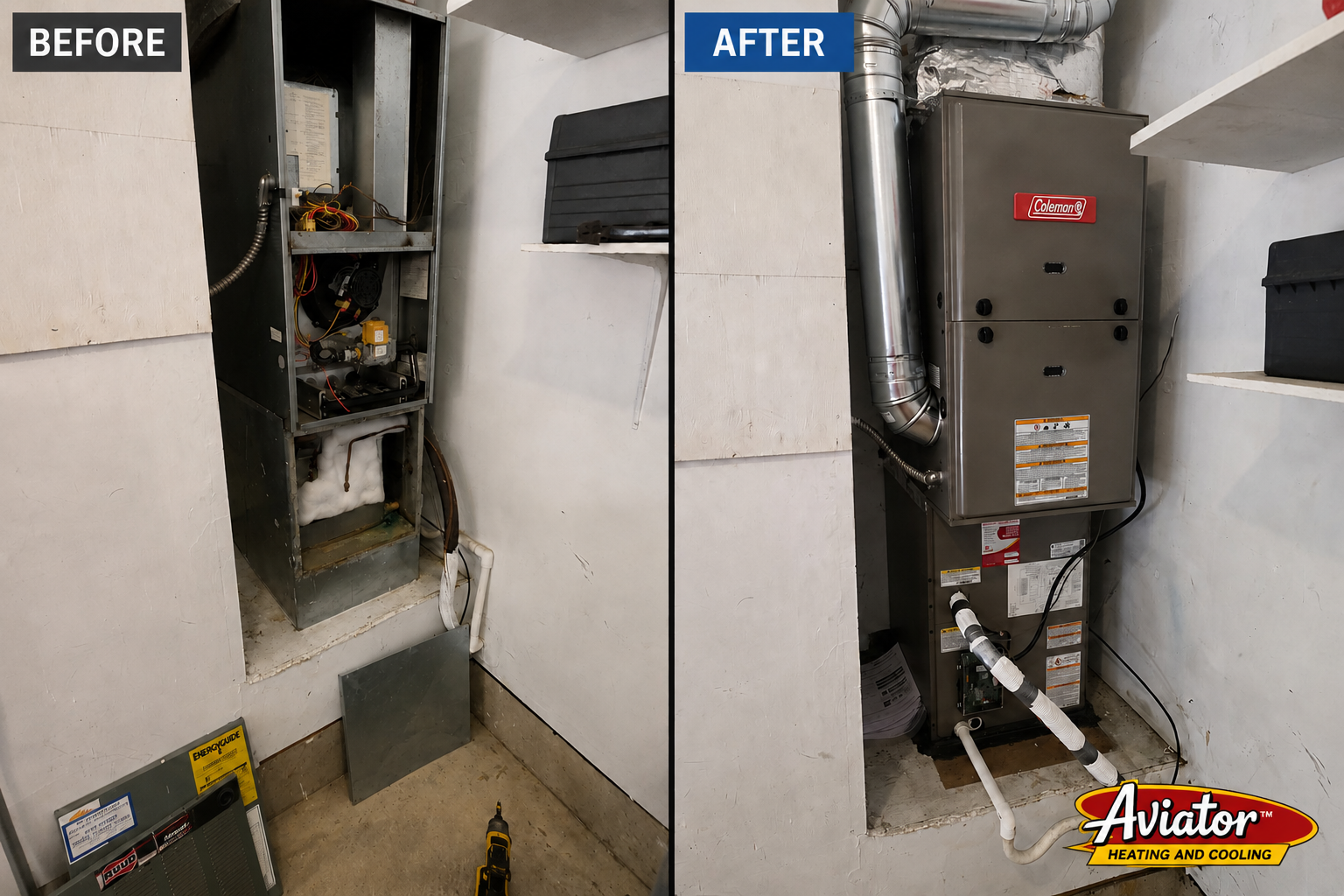 Before-and-after furnace replacement showing old and new Coleman equipment